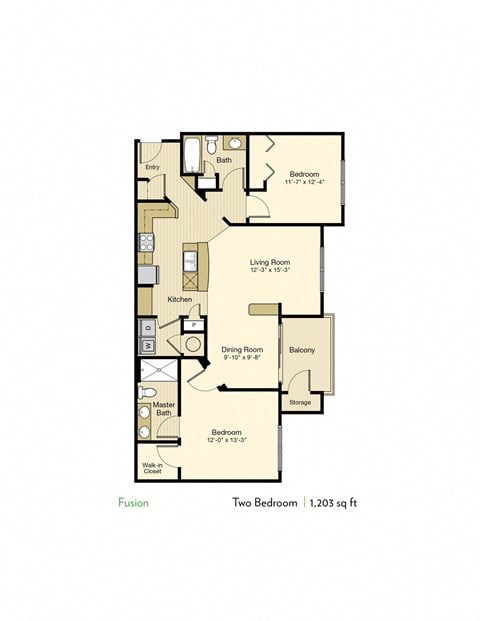 Floor plan for 1 bed, 1 bath, 884 sqft